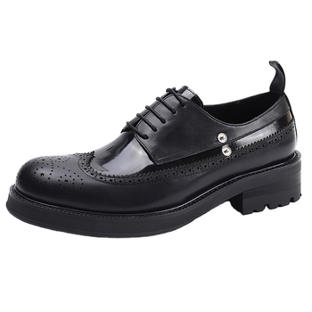 Ghete derby negre, vârf rotund, piele de vițel, talpă groasă pentru creșterea înălțimii, șireturi, pantofi eleganți din piele pentru bărbați