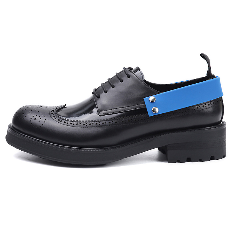 Ghete derby negre, vârf rotund, piele de vițel, talpă groasă pentru creșterea înălțimii, șireturi, pantofi eleganți din piele pentru bărbați