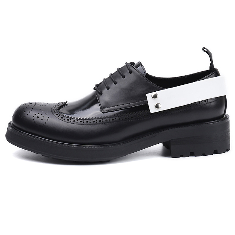 Ghete derby negre, vârf rotund, piele de vițel, talpă groasă pentru creșterea înălțimii, șireturi, pantofi eleganți din piele pentru bărbați