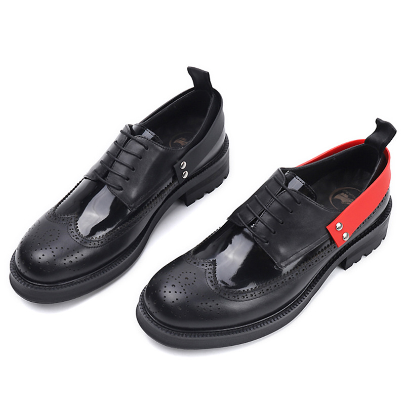 Ghete derby negre, vârf rotund, piele de vițel, talpă groasă pentru creșterea înălțimii, șireturi, pantofi eleganți din piele pentru bărbați
