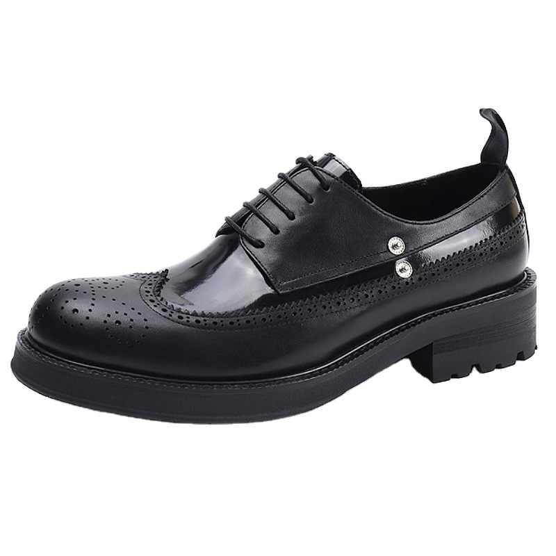 Ghete derby negre, vârf rotund, piele de vițel, talpă groasă pentru creșterea înălțimii, șireturi, pantofi eleganți din piele pentru bărbați