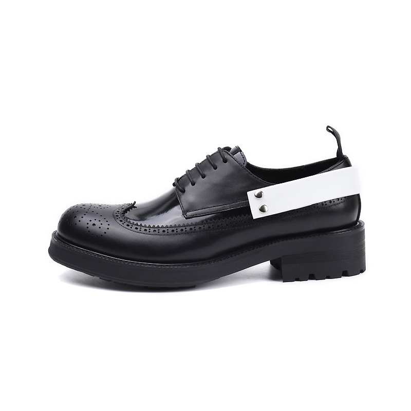 Ghete derby negre, vârf rotund, piele de vițel, talpă groasă pentru creșterea înălțimii, șireturi, pantofi eleganți din piele pentru bărbați