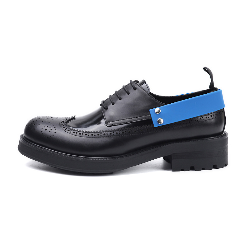 Ghete derby negre, vârf rotund, piele de vițel, talpă groasă pentru creșterea înălțimii, șireturi, pantofi eleganți din piele pentru bărbați