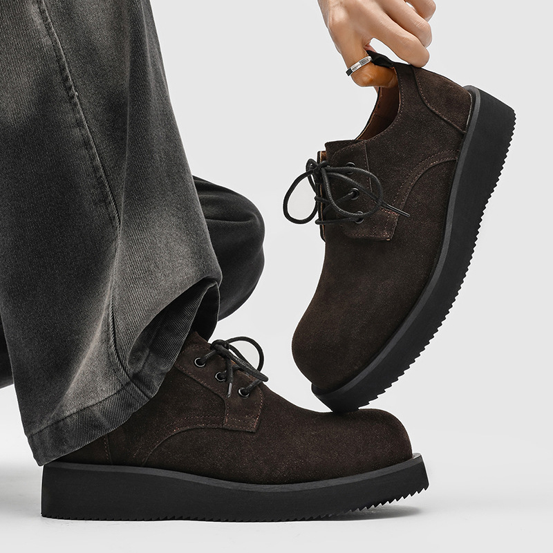 Nove retro Derby muške tenisice - koža, kaki boja, debeli potplat za povećanje visine, casual/poslovni stil 1560-J