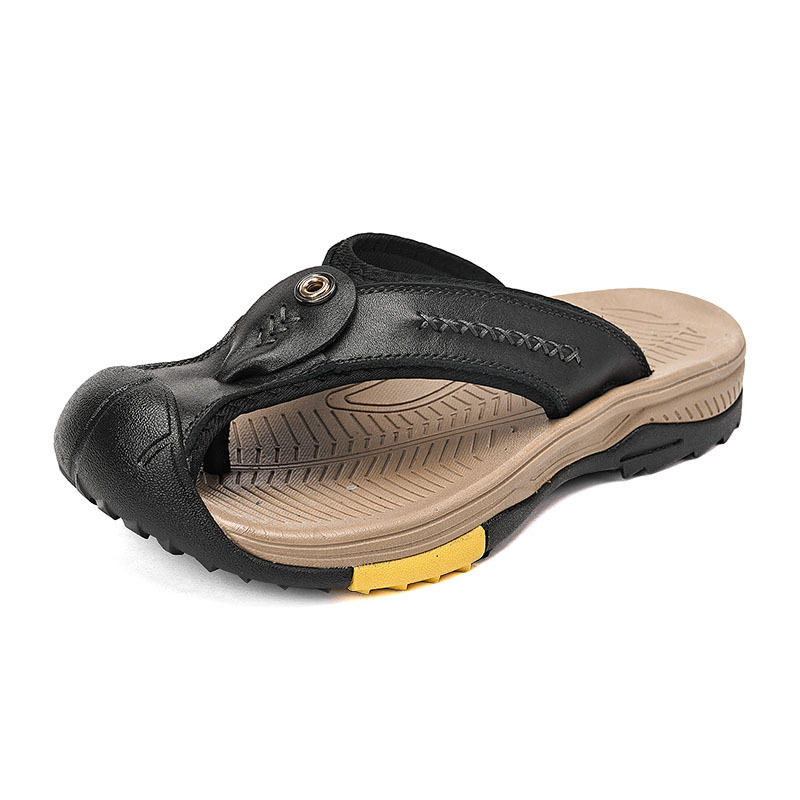 Férfiaknak készült tehénbőrből készült szandál nyárra, nyitott orrú, kültéri hegymászáshoz, Velcro zárás, hálós bélés, gumírozott talp
