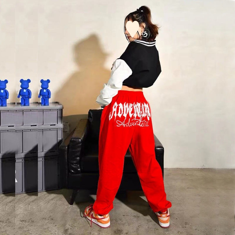 Ženske sportske hlače u boji vina s natpisom slova, udoban kroj, hip-hop ulični ples, casual hlače