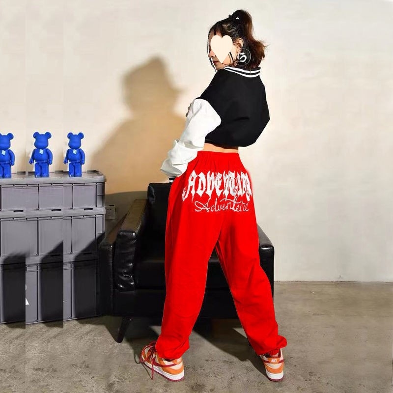 Ženske sportske hlače u boji vina s natpisom slova, udoban kroj, hip-hop ulični ples, casual hlače