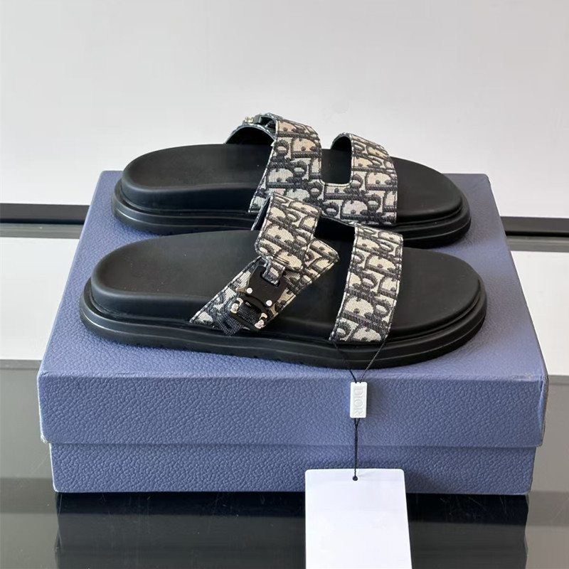 Férfi denim papucs jacquard mintával, D betűs mintával, vastag talp, övcsat, nyári kültéri viseléshez