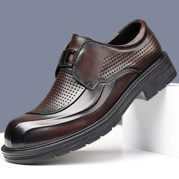 Férfi nyári bőrs slip-on cipő vastag talppal, légáteresztő perforált dizájn, üzleti-kényelmes stílus