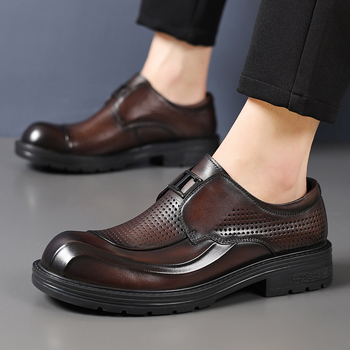 Férfi nyári bőrs slip-on cipő vastag talppal, légáteresztő perforált dizájn, üzleti-kényelmes stílus