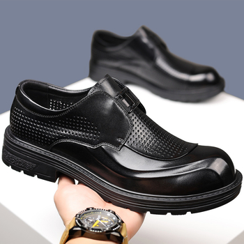 Férfi nyári bőrs slip-on cipő vastag talppal, légáteresztő perforált dizájn, üzleti-kényelmes stílus