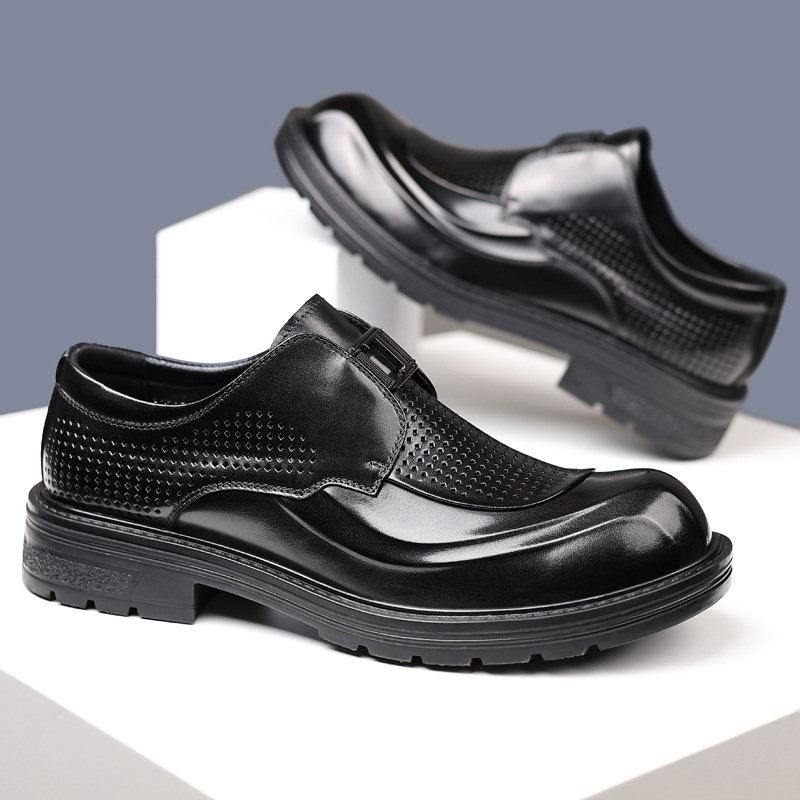 Férfi nyári bőrs slip-on cipő vastag talppal, légáteresztő perforált dizájn, üzleti-kényelmes stílus