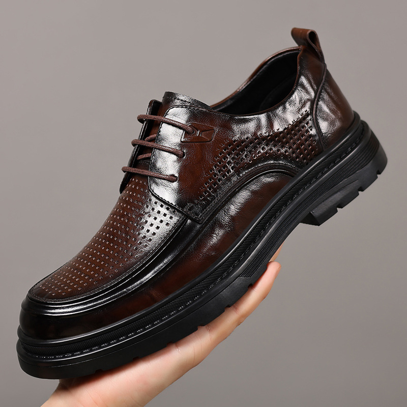 Férfi nyári bőrs slip-on cipő vastag talppal, légáteresztő perforált dizájn, üzleti-kényelmes stílus