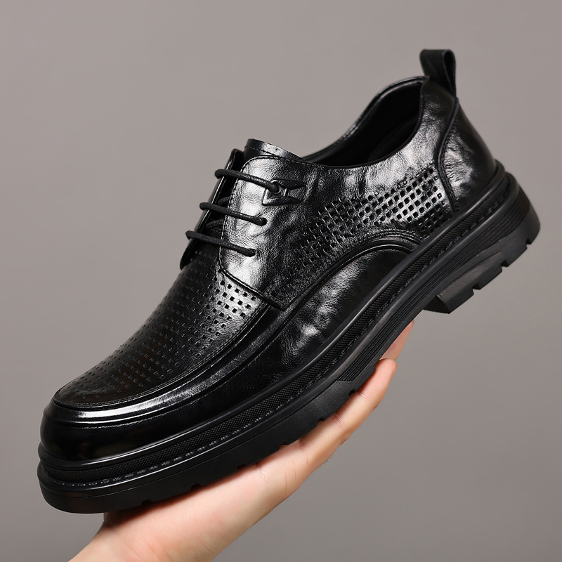 Férfi nyári bőrs slip-on cipő vastag talppal, légáteresztő perforált dizájn, üzleti-kényelmes stílus
