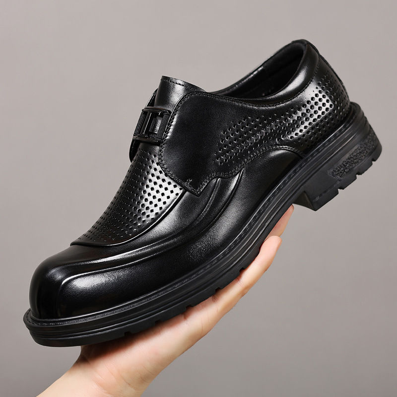 Férfi nyári bőrs slip-on cipő vastag talppal, légáteresztő perforált dizájn, üzleti-kényelmes stílus