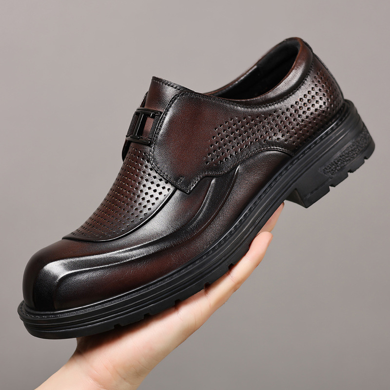 Férfi nyári bőrs slip-on cipő vastag talppal, légáteresztő perforált dizájn, üzleti-kényelmes stílus