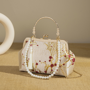 Retro svadbena torbica s perljanim lancem, jacquard clutch s metalnim okvirom, za rame ili crossbody