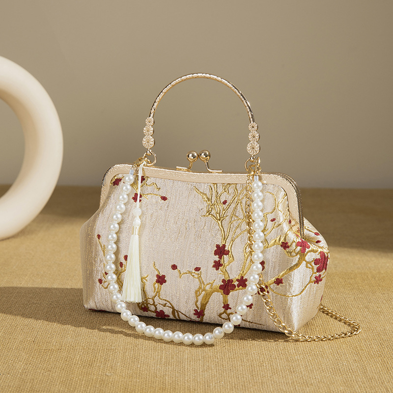 Retro svadbena torbica s perljanim lancem, jacquard clutch s metalnim okvirom, za rame ili crossbody