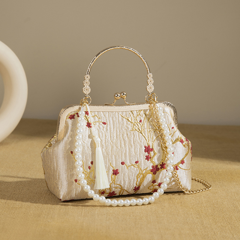 Retro svadbena torbica s perljanim lancem, jacquard clutch s metalnim okvirom, za rame ili crossbody