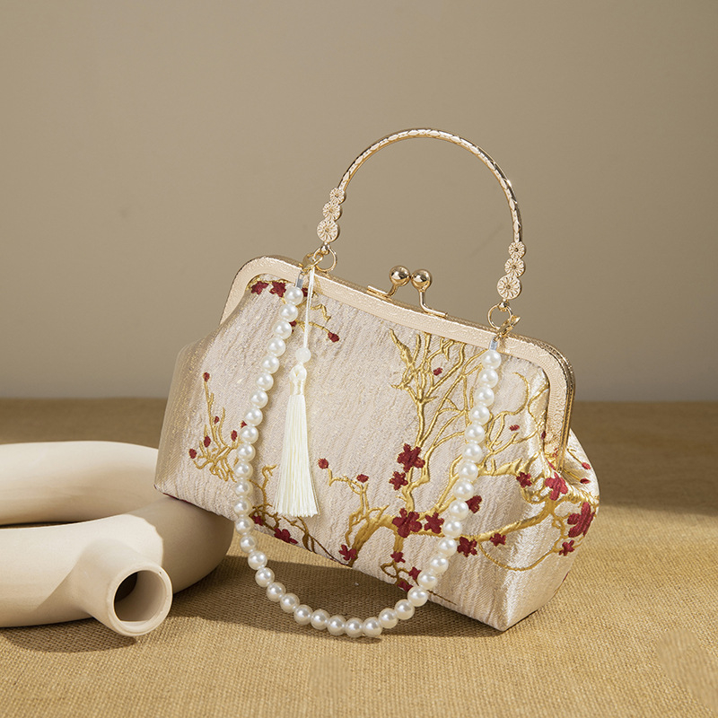 Retro svadbena torbica s perljanim lancem, jacquard clutch s metalnim okvirom, za rame ili crossbody