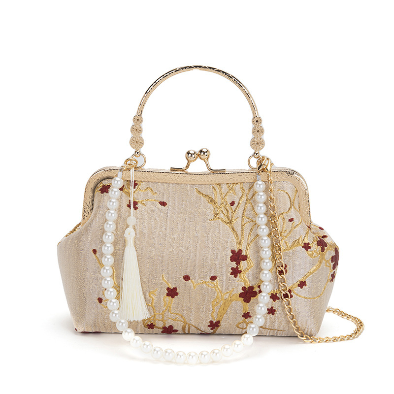 Retro svadbena torbica s perljanim lancem, jacquard clutch s metalnim okvirom, za rame ili crossbody