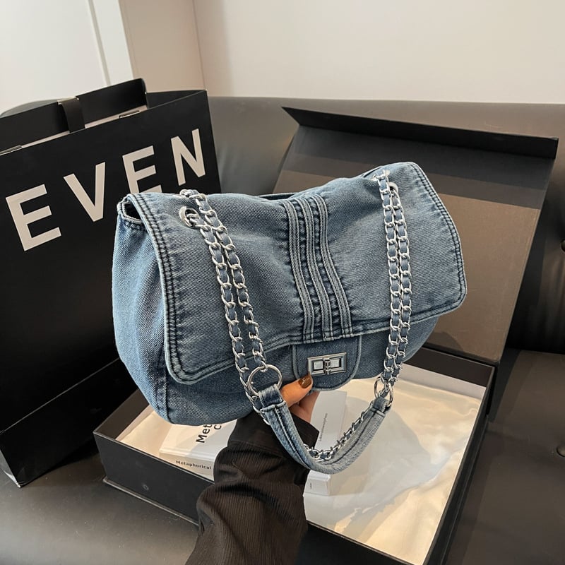 Velika ženska torba od denima s lancem remenom, korejskog stila, svestrana torba za nošenje preko ramena ili kao crossbody torba