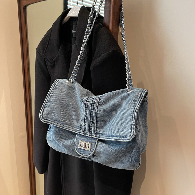 Velika ženska torba od denima s lancem remenom, korejskog stila, svestrana torba za nošenje preko ramena ili kao crossbody torba