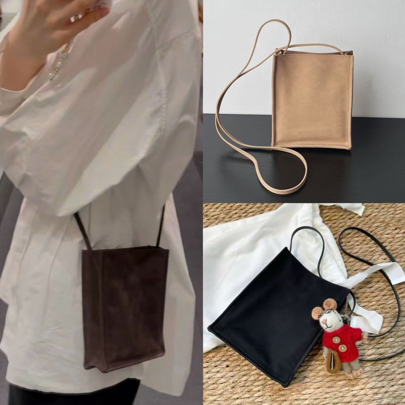 Row crossbody torba od nubuk kože, džep za telefon, kompaktna kvadratna torba od prave kože za svakodnevno nošenje