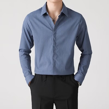 Shuangnijia Férfiaknak tervezett függőleges csíkos ing, hosszú ujjú, nyári elegáns üzleti ing, Slim fit