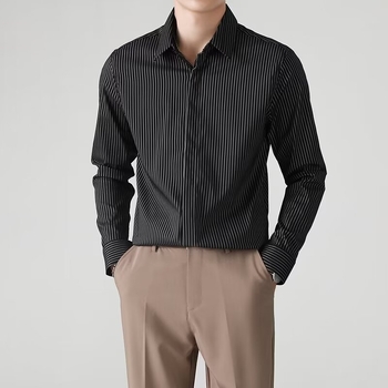 Shuangnijia Férfiaknak tervezett függőleges csíkos ing, hosszú ujjú, nyári elegáns üzleti ing, Slim fit