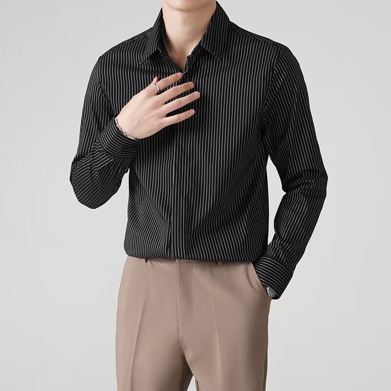 Shuangnijia Férfiaknak tervezett függőleges csíkos ing, hosszú ujjú, nyári elegáns üzleti ing, Slim fit