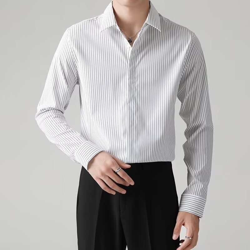 Shuangnijia Férfiaknak tervezett függőleges csíkos ing, hosszú ujjú, nyári elegáns üzleti ing, Slim fit