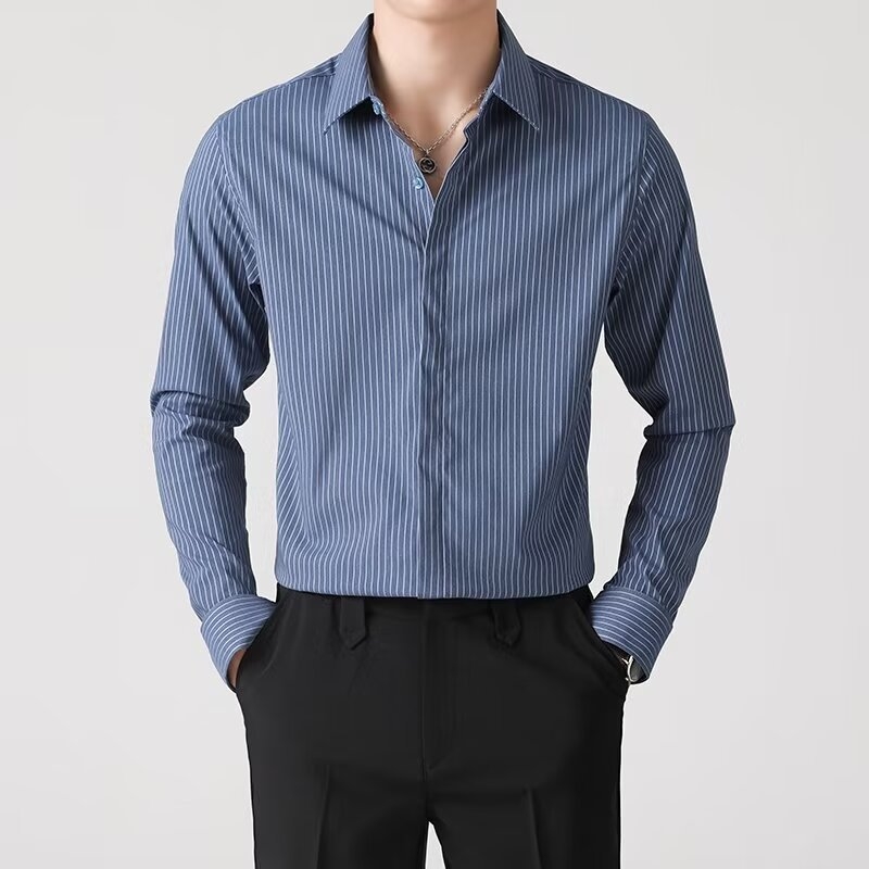 Shuangnijia Férfiaknak tervezett függőleges csíkos ing, hosszú ujjú, nyári elegáns üzleti ing, Slim fit