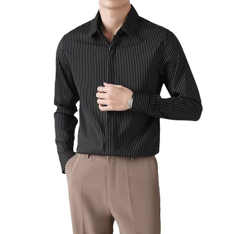 Shuangnijia Férfiaknak tervezett függőleges csíkos ing, hosszú ujjú, nyári elegáns üzleti ing, Slim fit