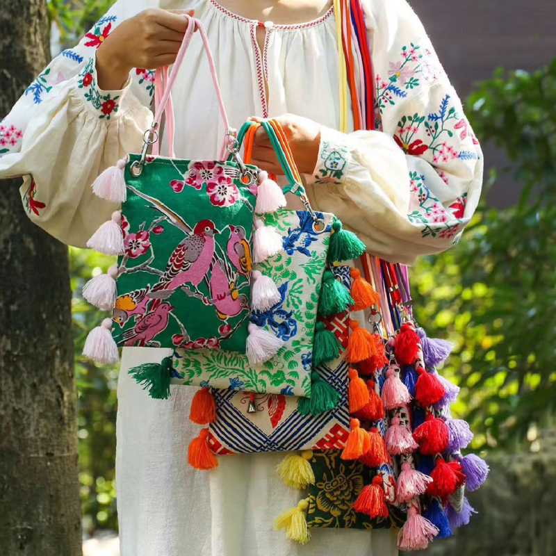 Torba za telefon od platna s resicama, u kontrastnim bojama, nišni originalni dizajn, novi kineski stil, staro grubo platno, preko ramena