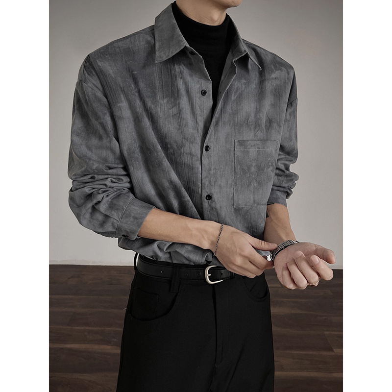 Muška košulja-jaknica s tie-dye uzorkom, ink-wash efekt, duge rukave, ovratnik s reverom, jesenji vintage stil