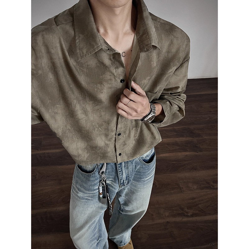 Muška košulja-jaknica s tie-dye uzorkom, ink-wash efekt, duge rukave, ovratnik s reverom, jesenji vintage stil