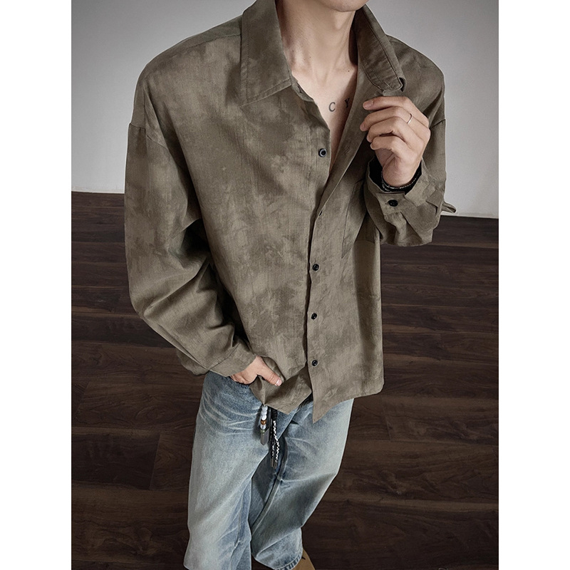 Muška košulja-jaknica s tie-dye uzorkom, ink-wash efekt, duge rukave, ovratnik s reverom, jesenji vintage stil