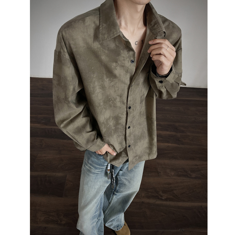 Muška košulja-jaknica s tie-dye uzorkom, ink-wash efekt, duge rukave, ovratnik s reverom, jesenji vintage stil