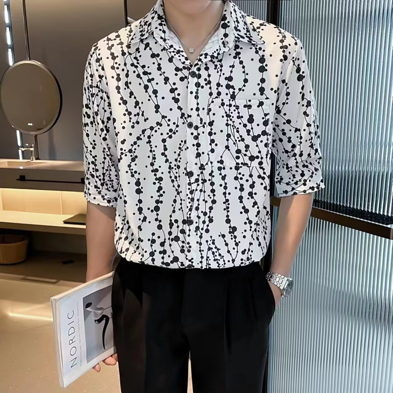 Férfi nyári virágmintás ing ice silk anyagból, rövid ujjú, elegáns, modern stílus