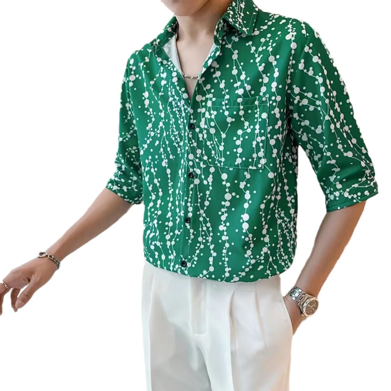 Férfi nyári virágmintás ing ice silk anyagból, rövid ujjú, elegáns, modern stílus