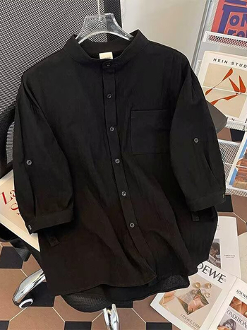 Új kínai stílusú retro férfi ing, nyári modell, laza szabás, egyszínű, álló gallér, 3/4-es ujj