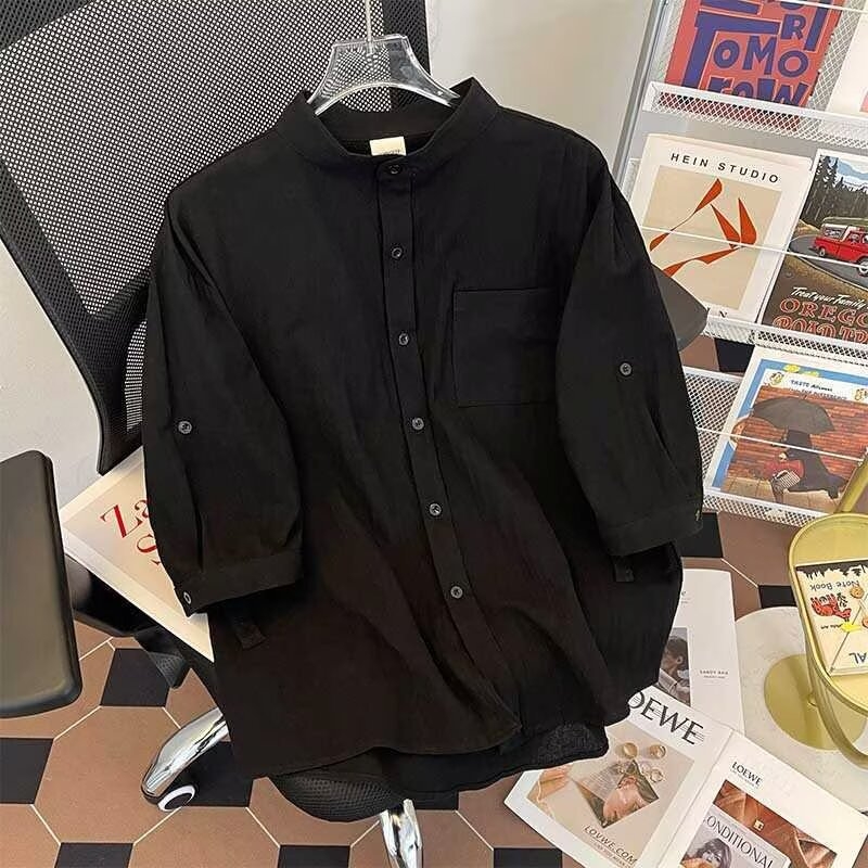 Új kínai stílusú retro férfi ing, nyári modell, laza szabás, egyszínű, álló gallér, 3/4-es ujj