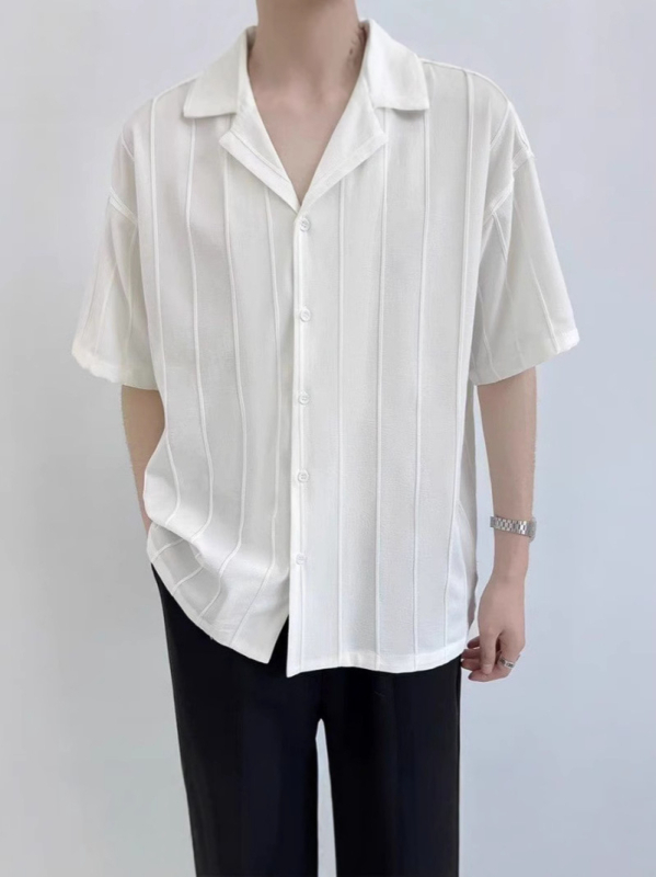 Férfi kubai galléros csíkos rövid ujjú ing, vékony, könnyű ice silk anyag, laza szabás, vasalásmentes, elegáns dizájn
