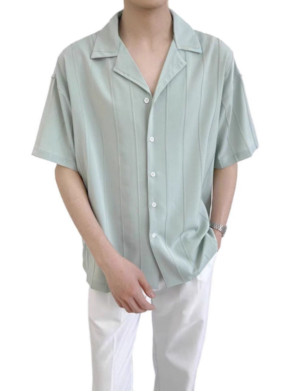 Férfi kubai galléros csíkos rövid ujjú ing, vékony, könnyű ice silk anyag, laza szabás, vasalásmentes, elegáns dizájn