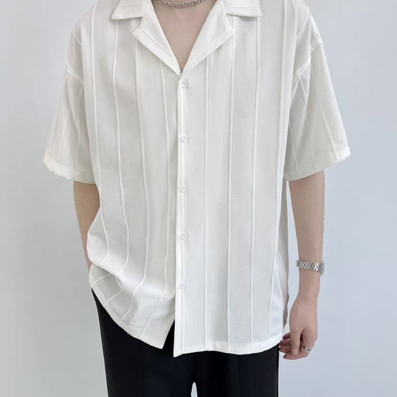 Férfi kubai galléros csíkos rövid ujjú ing, vékony, könnyű ice silk anyag, laza szabás, vasalásmentes, elegáns dizájn