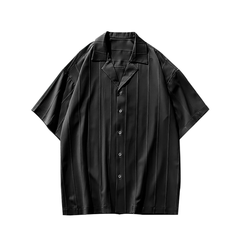 Férfi kubai galléros csíkos rövid ujjú ing, vékony, könnyű ice silk anyag, laza szabás, vasalásmentes, elegáns dizájn
