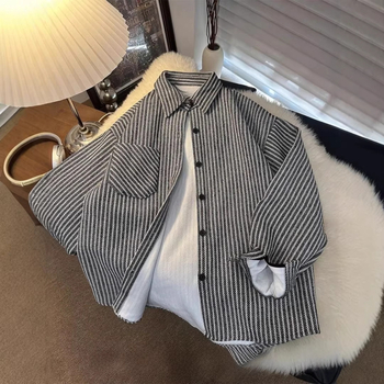 Férfi fleece-béléses csíkos hosszú ujjú ing, őszi-téli szezonra, stílusos és laza