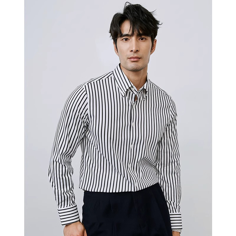 Őszi férfi üzleti stílusú Slim-Fit csíkos inge, gyűrődésmentes, vasalásmentes, hosszú ujjú, kardigán-stílusú felső