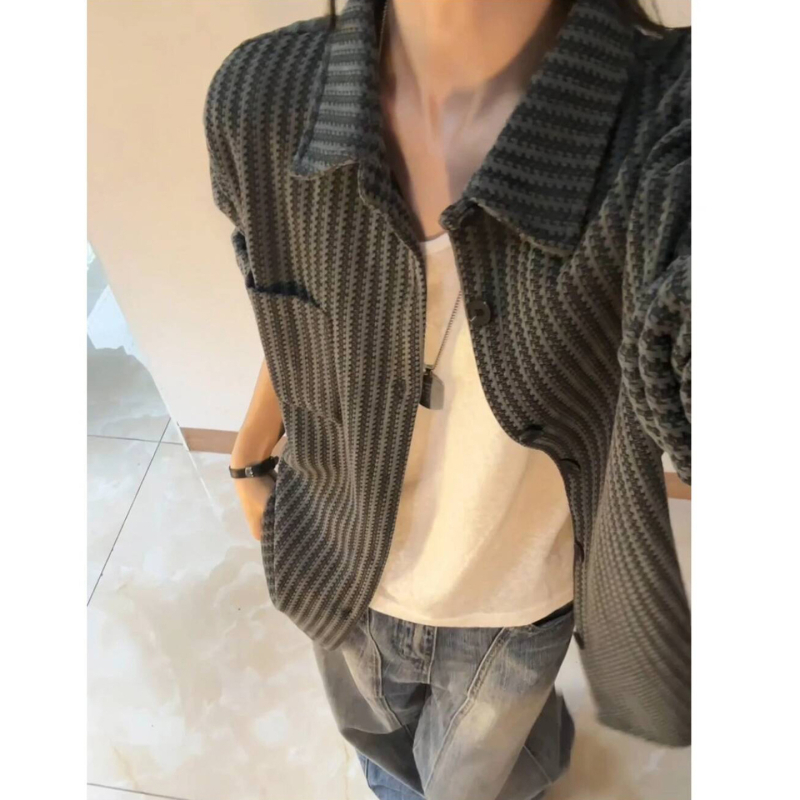 Férfi Chenille ing-zakó herringbone mintával, őszi, amerikai csíkok, hosszú ujjú, prémium elegancia